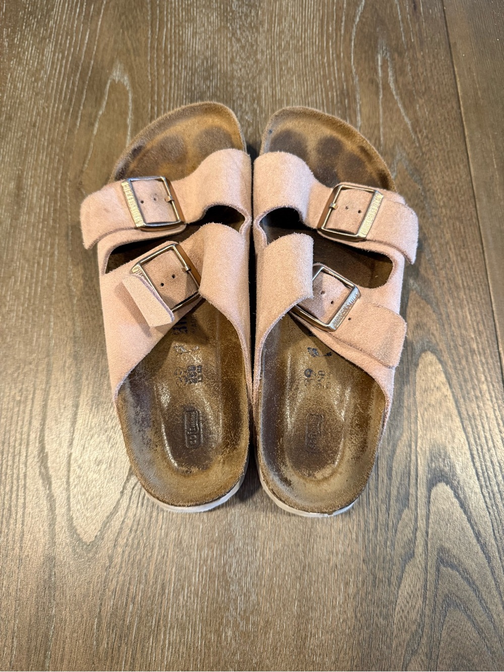 Birkenstock Light Pink Suede with Rose Gold Double Buckle Sandals